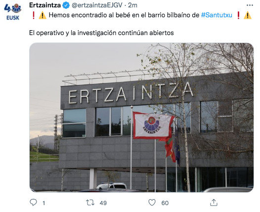 Mensaje de la Ertzaintza en las redes sociales / TWITTEr