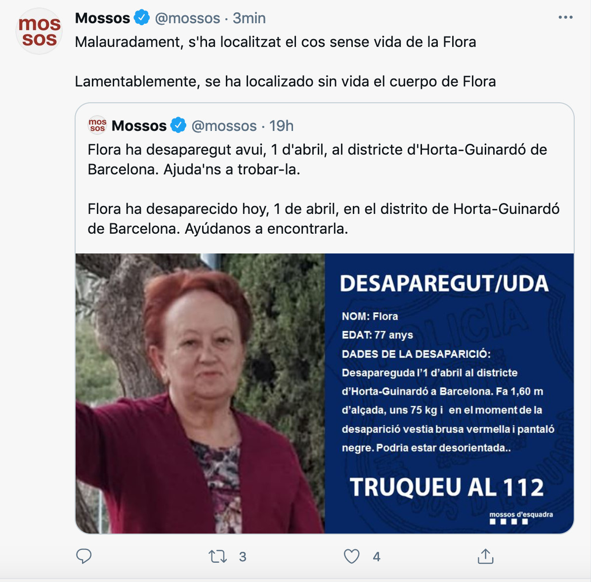 Los Mossos informan del hallazgo del cadáver de Flora / TWITTER