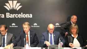 Pau Relat, presidente de Fira Barcelona; Mats Granryd, director general de GSMA; John Hoffman, CEO de GSMA; y Nuria Marín, alcaldesa de L'Hospitalet, valoran la cancelación del Mobile / CG