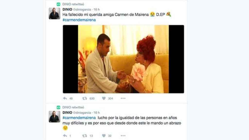 Tuit de Dinio en el que anunció la muerte de Carmen de Mairena