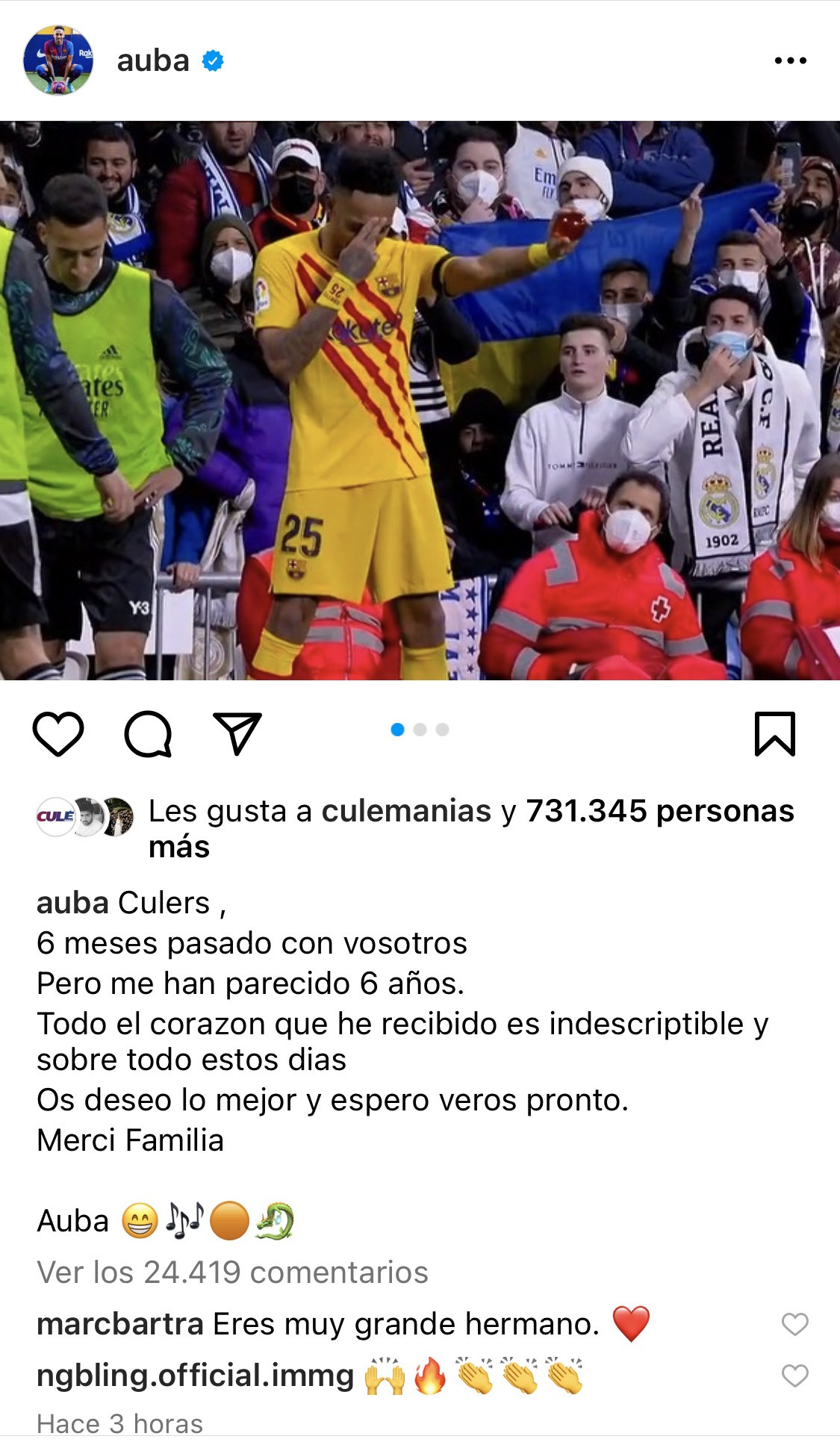 Aubameyang se despide del Barça en las redes / REDES