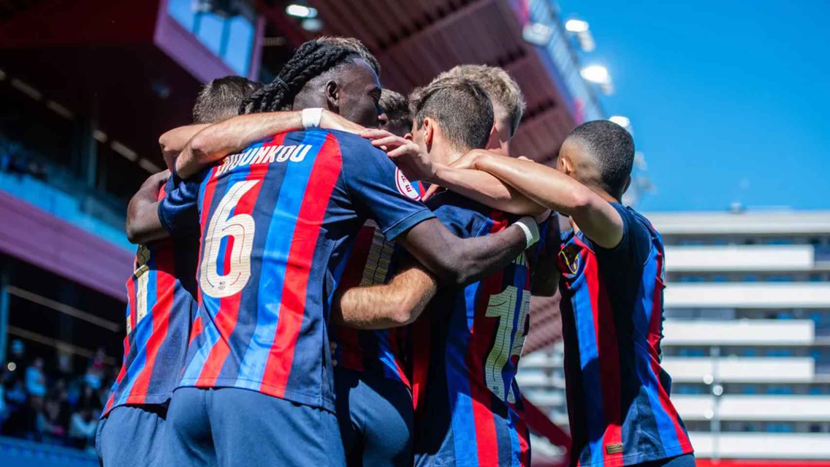 Los jugadores del filial del Barça, celebrando un gol en el Estadi Johan Cruyff / FCB