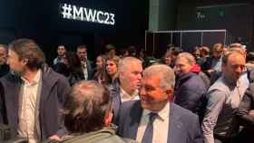 Joan Laporta, con Jordi Finestres y Joan Sentelles en el MWC 2023