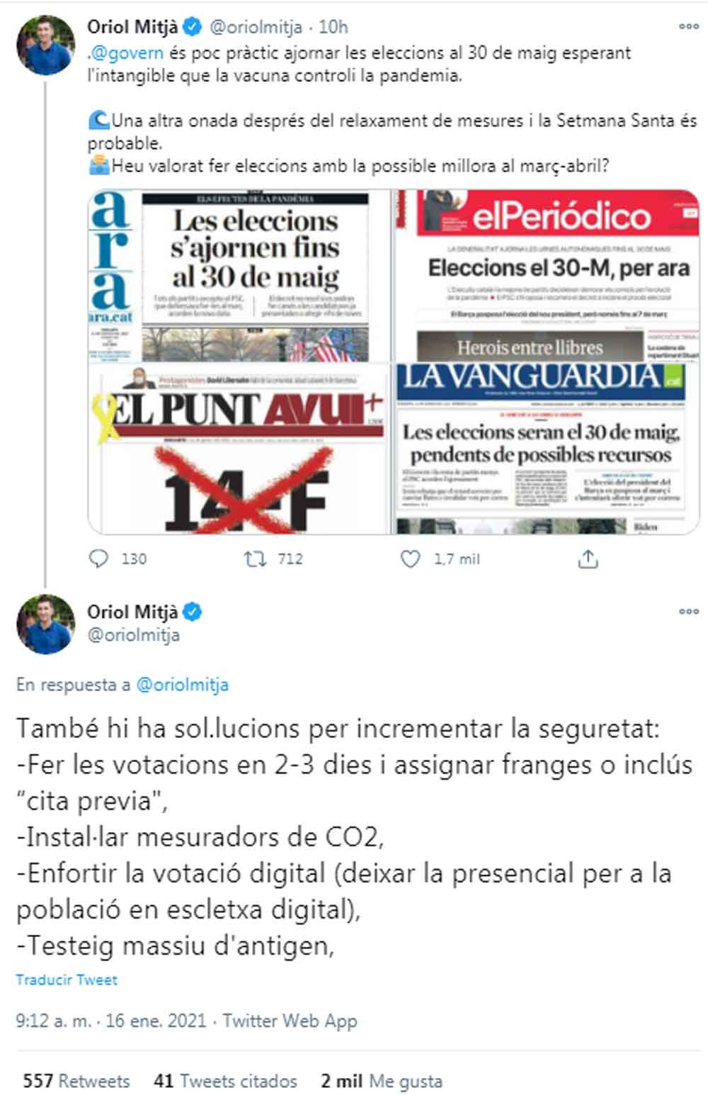 Oriol Mitjà, criticando el aplazamiento de las elecciones en Cataluña en Twitter