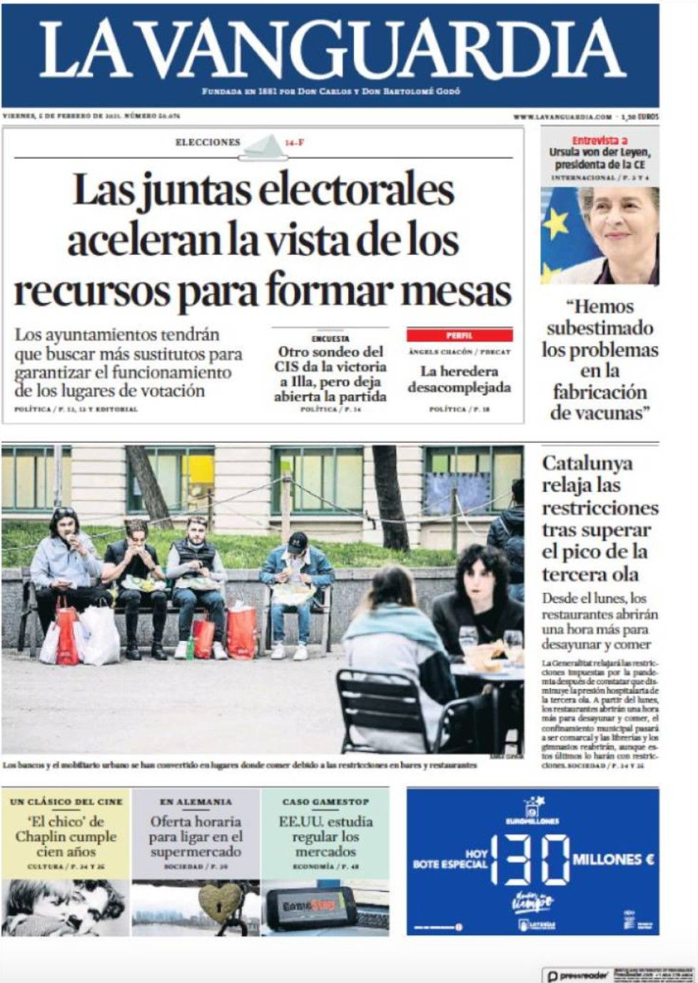 Portada de 'La Vanguardia' del 5 de febrero de 2021 / KIOSKO.NET