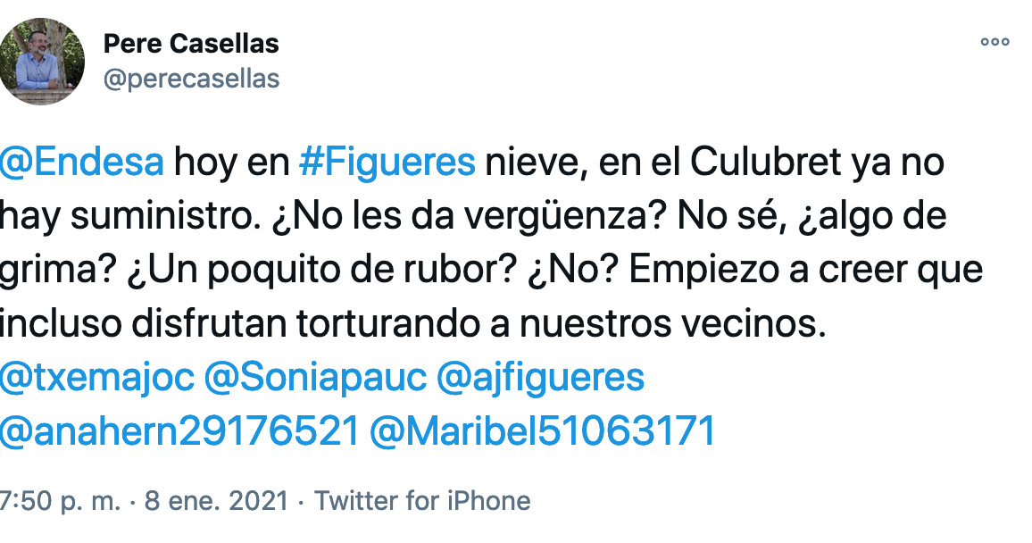 El vicalcalde de Figueres lamenta los cortes de luz en plena ola de frío / TWITTER