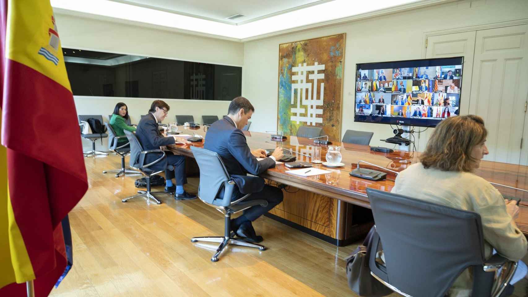 El presidente del Gobierno, Pedro Sánchez, en la videoconferencia con los presidentes autonómicos / EUROPA PRESS