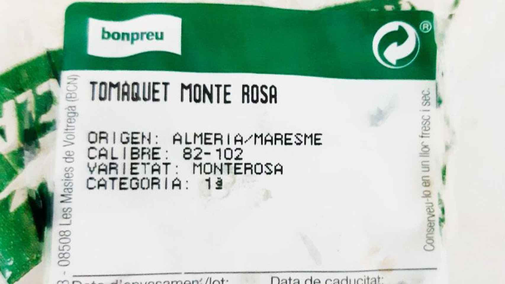 Etiqueta de los tomates monterosa de Bon Preu en los que se incluye Almería en el Maresme / TWITTER