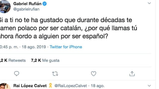Imagen de un tuit de Gabriel Rufián recriminando a un nacionalista el uso de la palabra ñordo como sinónimo de español