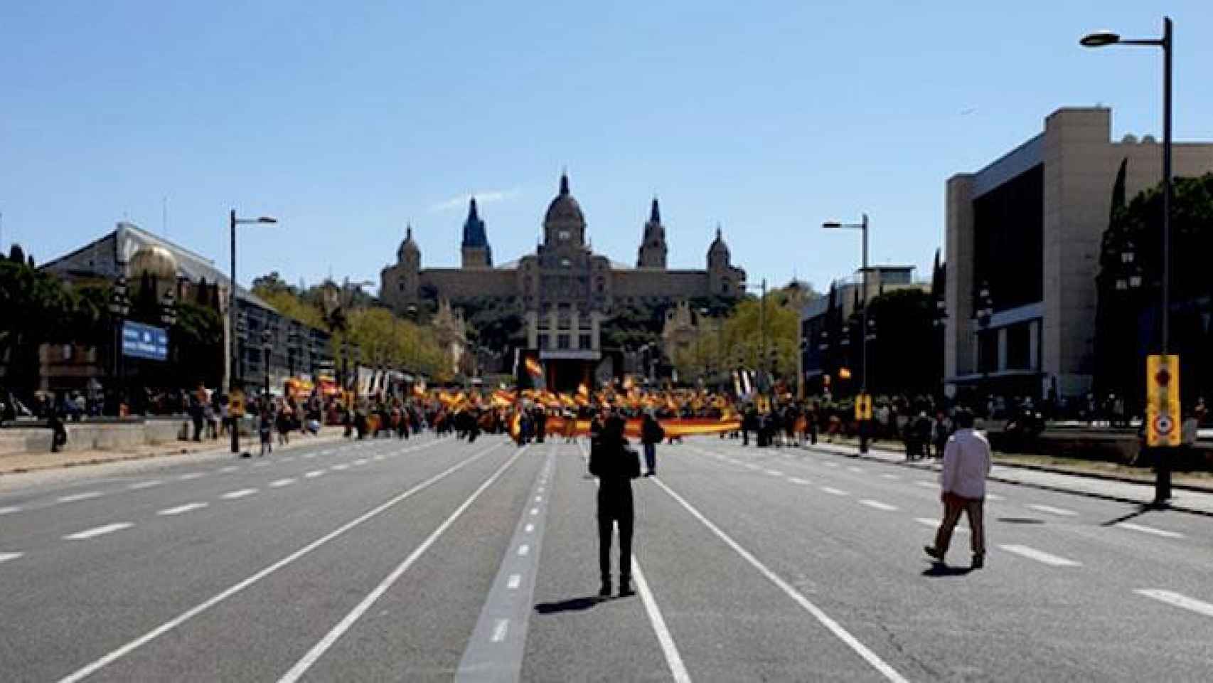 La avenida Reina Maria Cristina con la manifestación de Vox al fondo / CEL