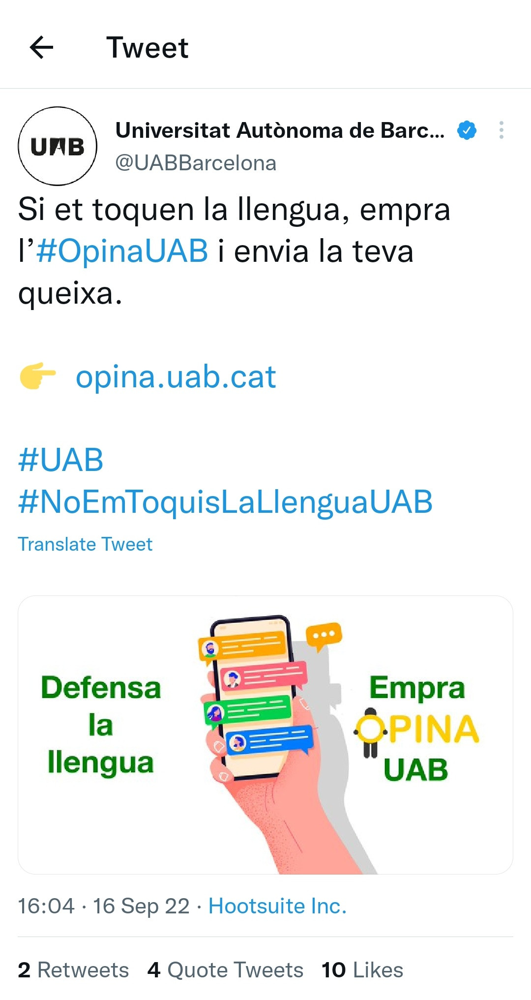 La UAB, invitando a quejarse por cuestiones lingüísticas en su plataforma de quejas / TWITTER