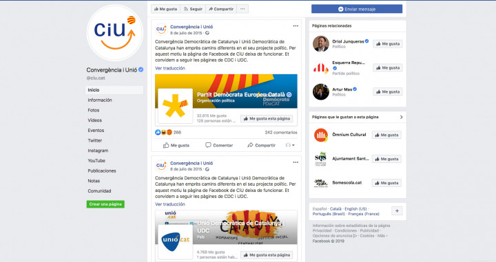 Perfil de CiU en Facebook, inactivo desde 2015 / FACEBOOK