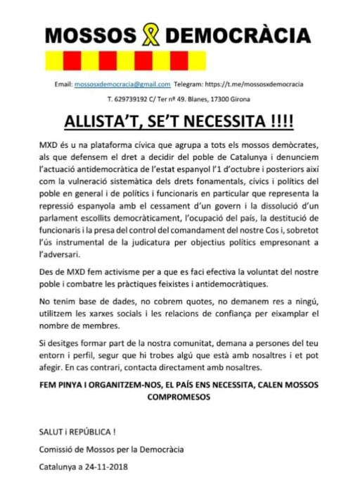 Llamamiento al reclutamiento de Mossos independentistas / CG