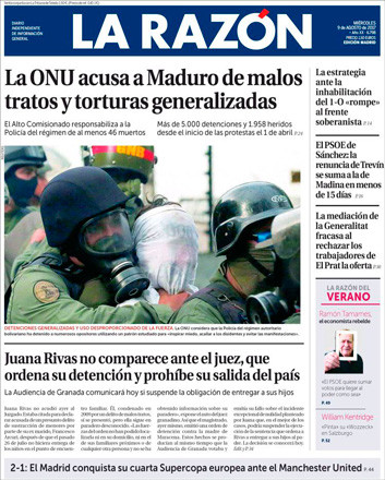 Portada de 'La Razón' del 9 de agosto de 2017