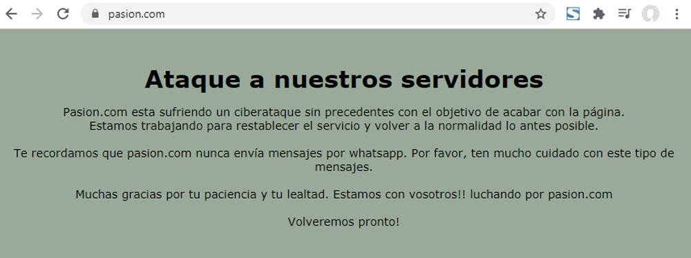 Aviso de caída de la web de 'pasion.com'