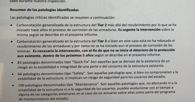 Parte del informe de patologías del Camp Nou / Redes