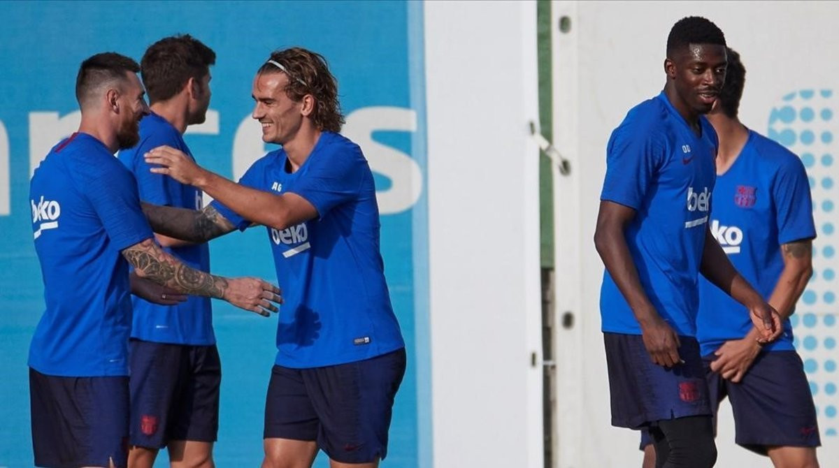 Messi, Griezmann y Dembelé en un entrenamiento del Barça / FC Barcelona