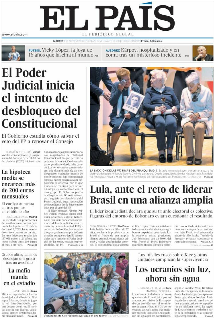 Portada de 'El País' del 1 de noviembre de 2022 / KIOSKO.NET