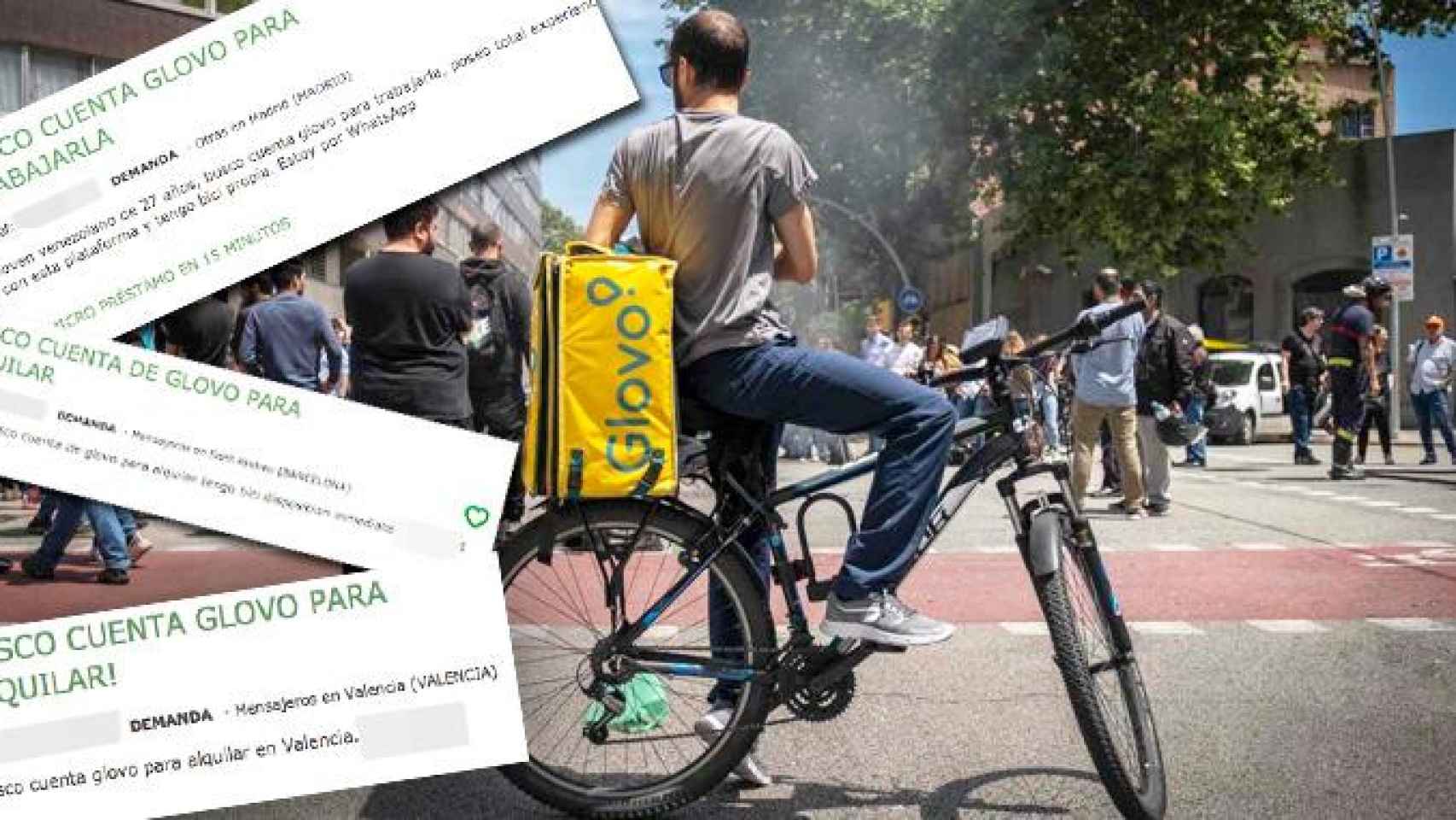 Un repartidor de Glovo, con anuncios que se ofrece para trabajar cuentas de forma fraudulenta / CG