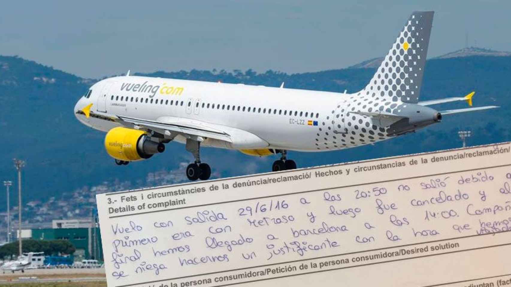 Imagen de una aeronave de Vueling y una reclamación de un pasajero del vuelo Madrid-Barcelona.