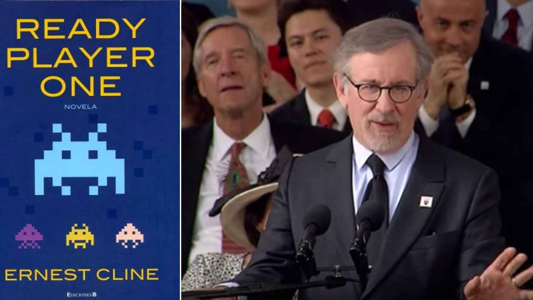 Portada del libro 'Ready Player One' y el cineasta Steven Spielberg.