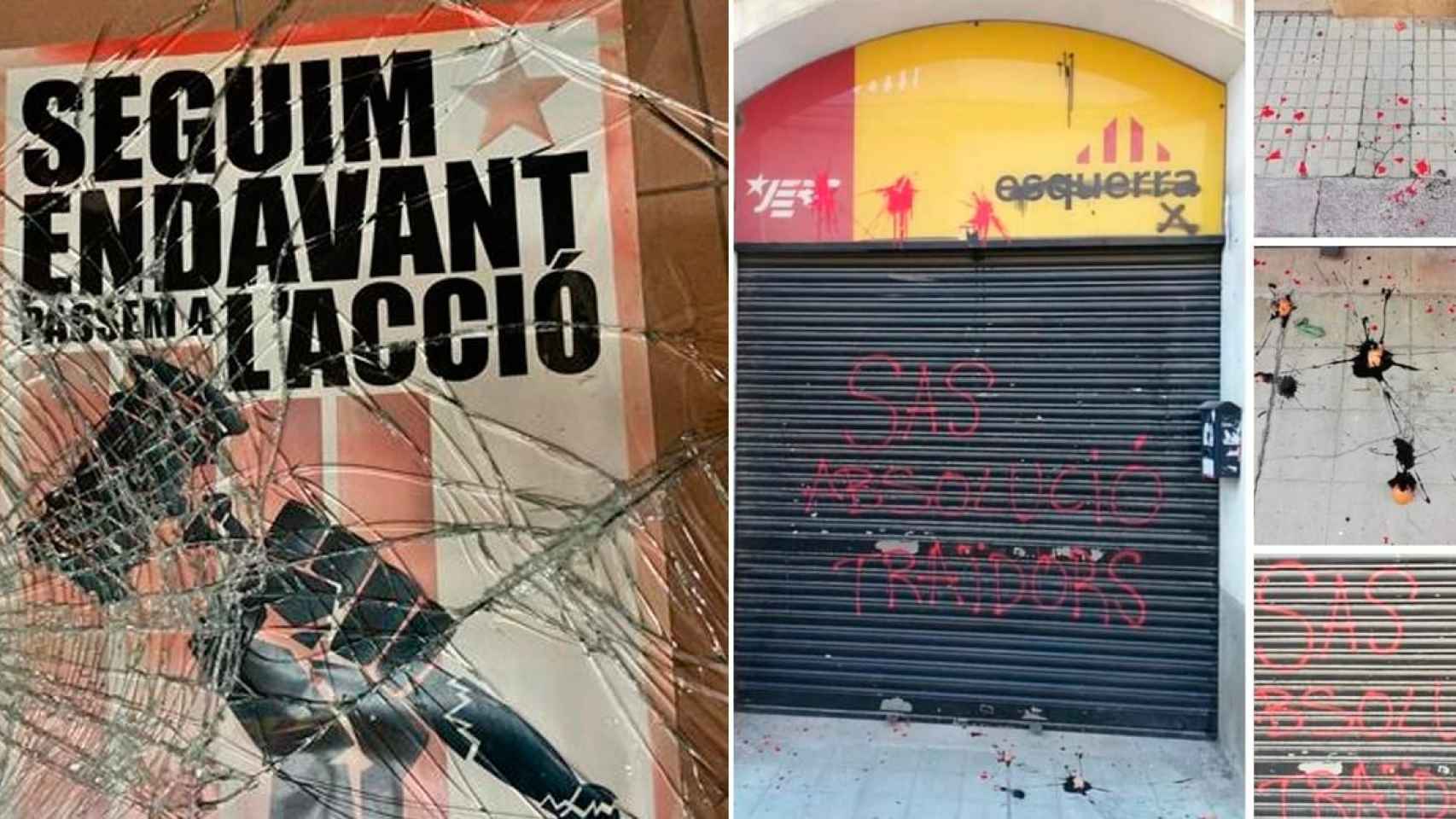 A la izquierda, el ataque fascista contra la sede de ERC en Figueres; a la derecha, la protesta violenta contra el local de los republicanos en Sant Sadurní / FOTOMONTAJE DE CG