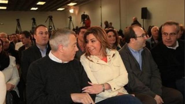 Pere Navarro, ex primer secretario del PSC, Susana Díaz, presidenta de la Junta de Andalucía y Miquel Iceta, actual primer secretario del PSC