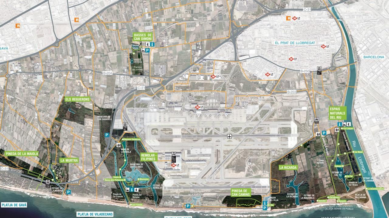 Mapa de los espacios protegidos en el delta del Llobregat, al sur del área metropolitana de Barcelona / CONSORCI ESPAIS NATURALS DELTA