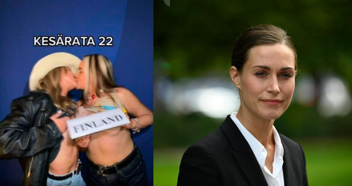 La primera ministra de Finlandia, Sanna Marin (d), y la imagen 'topless' de sus invitadas / REDES, DPA