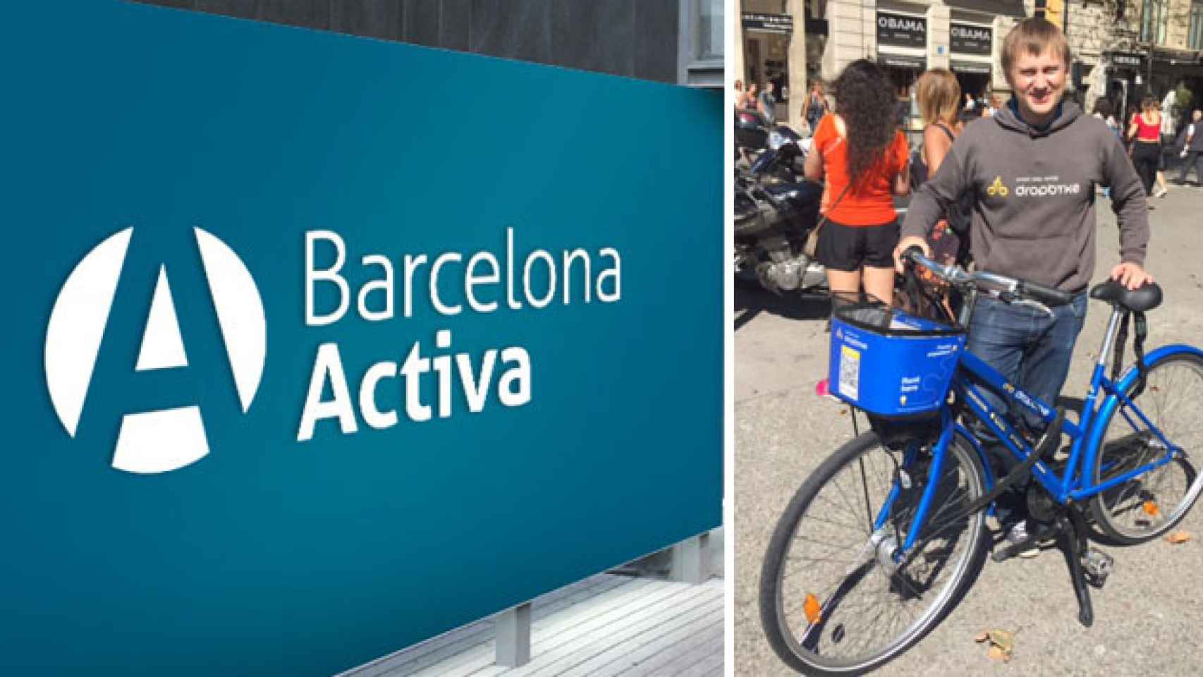 Entrada a Barcelona Activa, incubadora pública de empresas, y el fundador de DropByke, el 'Uber de las bicis' / CG