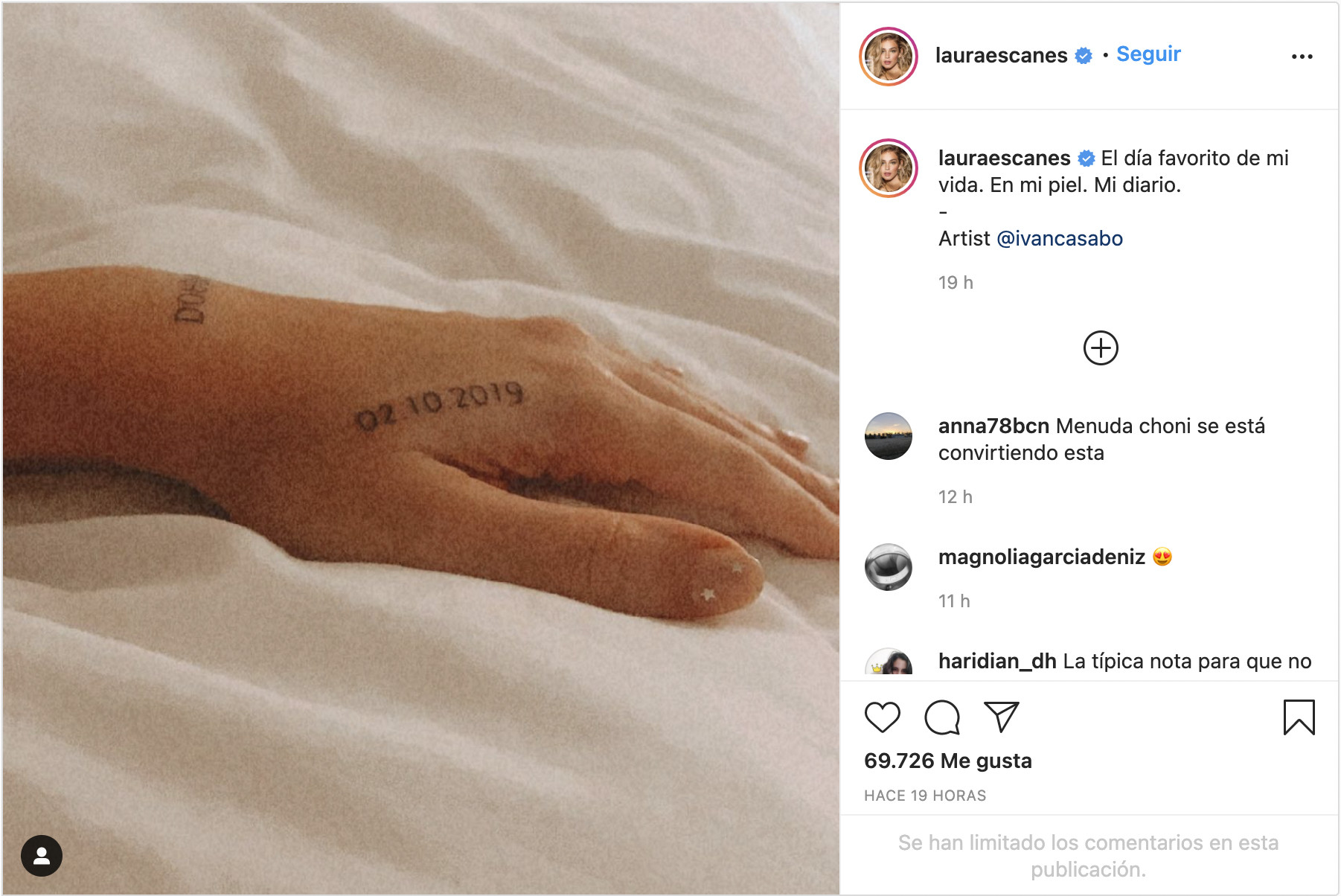 Tatuaje de Laura Escanes en honor a su hija / INSTAGRAM