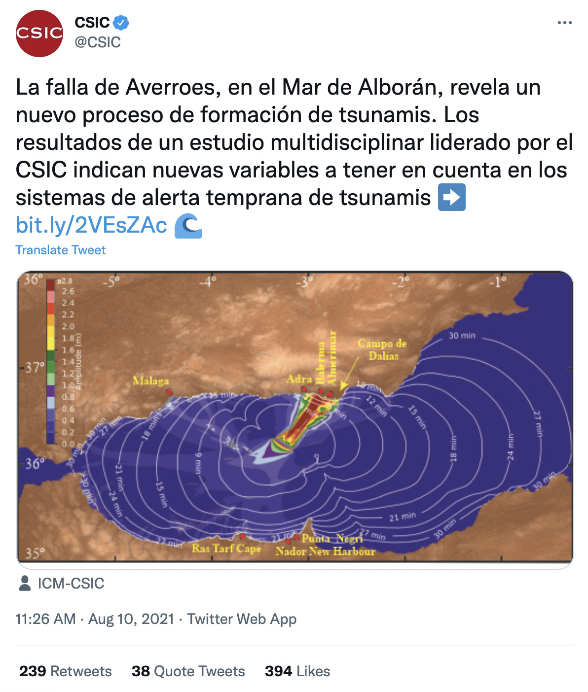 Publicación del CSIC alertando de la posibilidad de tsunamis / TWITTER