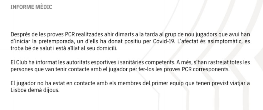 Comunicado del Barça sobre el positivo por coronavirus / FC Barcelona