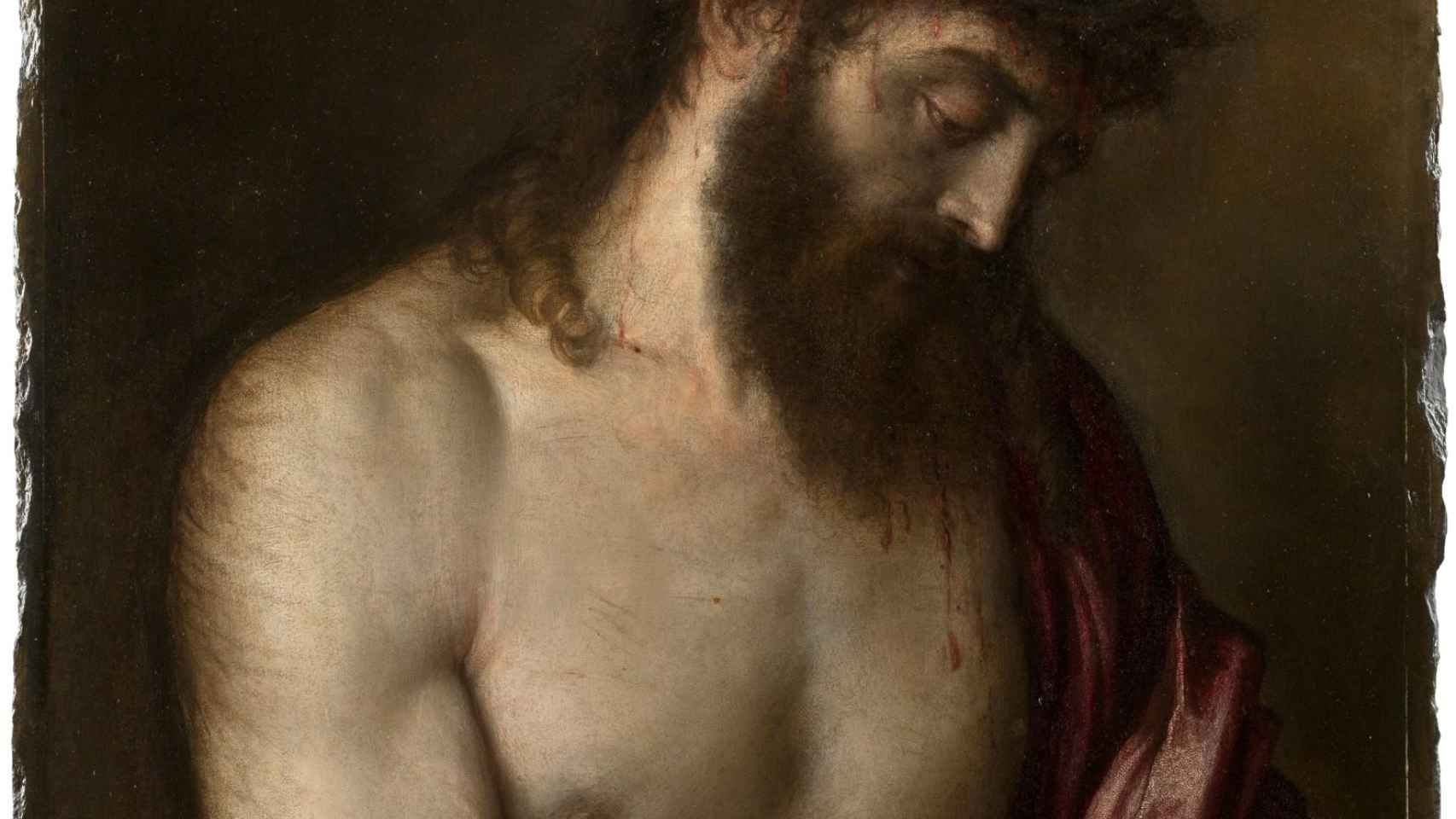 Detalle del ‘Ecce Homo’ pintado por Tiziano sobre un fragmento de pizarra, incluido en ‘In Lapide Depictum’  MUSEO NACIONAL DEL PRADO