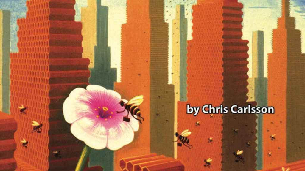 Portada de 'Nowtopia', el ensayo de  Chris Carlsson, con el decrecimiento de fondo