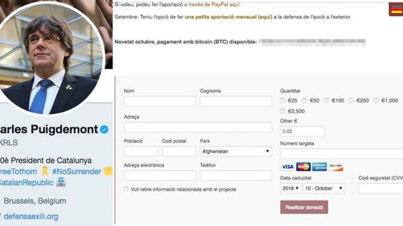 Puigdemont promociona en su perfil de Twitter la web que permite hacerle donaciones en 'bitcoins'