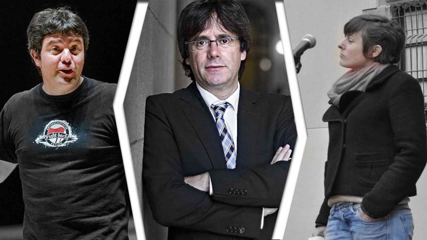 Josep Manuel Busqueta (i), el 'president' Carles Puigdemont y Mireia Vehí (d).