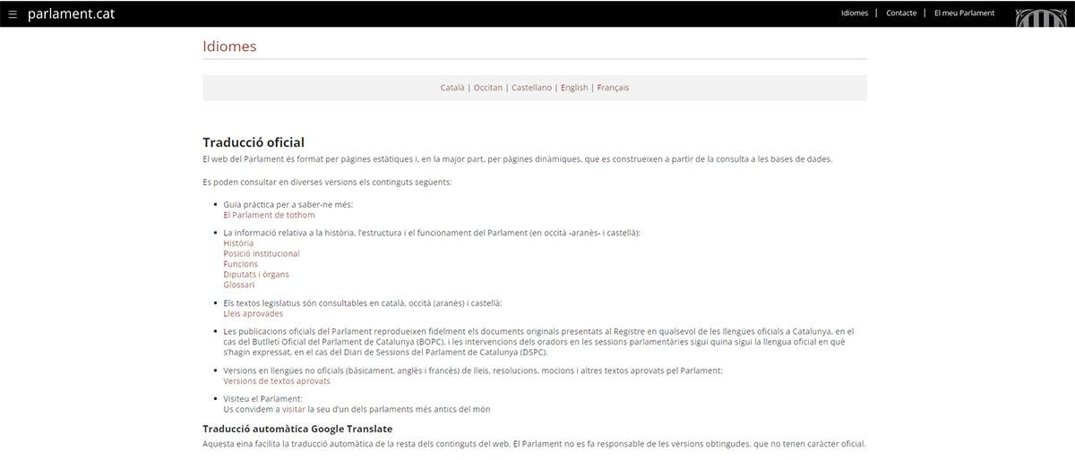 Política lingüística de la web del Parlament