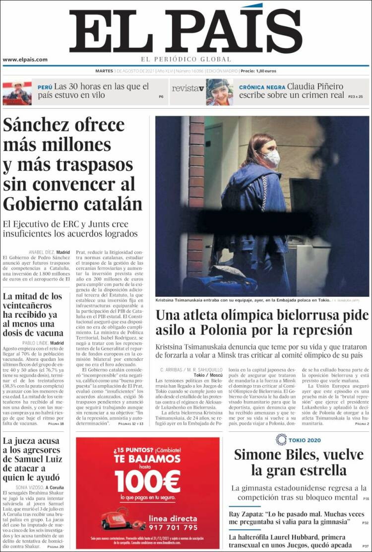 Portada de 'El País' del 3 de agosto de 2021 / KIOSKO.NET