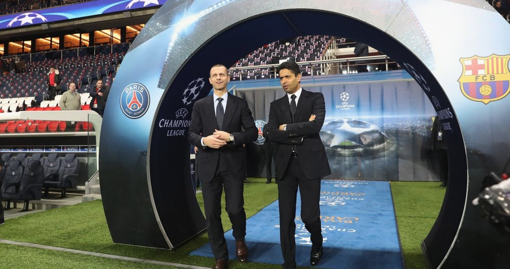 Ceferin (UEFA) y Nasser Al-Khelaifi (PSG) en un PSG-Barça de Champions / PSG