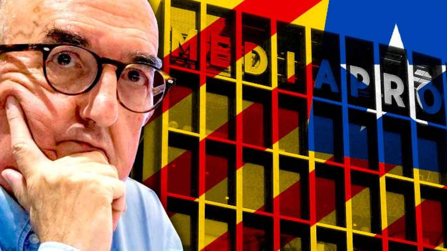 Jaume Roures y el edificio Imagina de Mediapro con una bandera independentista / FOTOMONTAJE DE CG