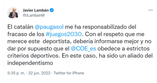 Mensaje de Javier Lambán en su cuenta oficial de Twitter 