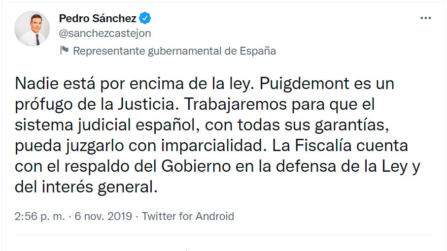 Mensaje de Pedro Sánchez en su cuenta personal de Twitter en 2019 / @sanchezcastejon