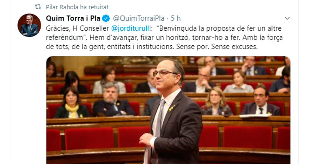 El tuit de Quim Torra compartido por Pilar Rahola