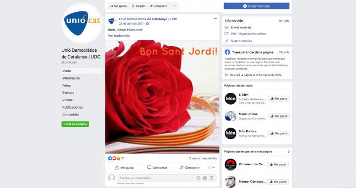Perfil de Facebook de Unió Democràtica de Catalunya con su última publicación en 2017 / UDC
