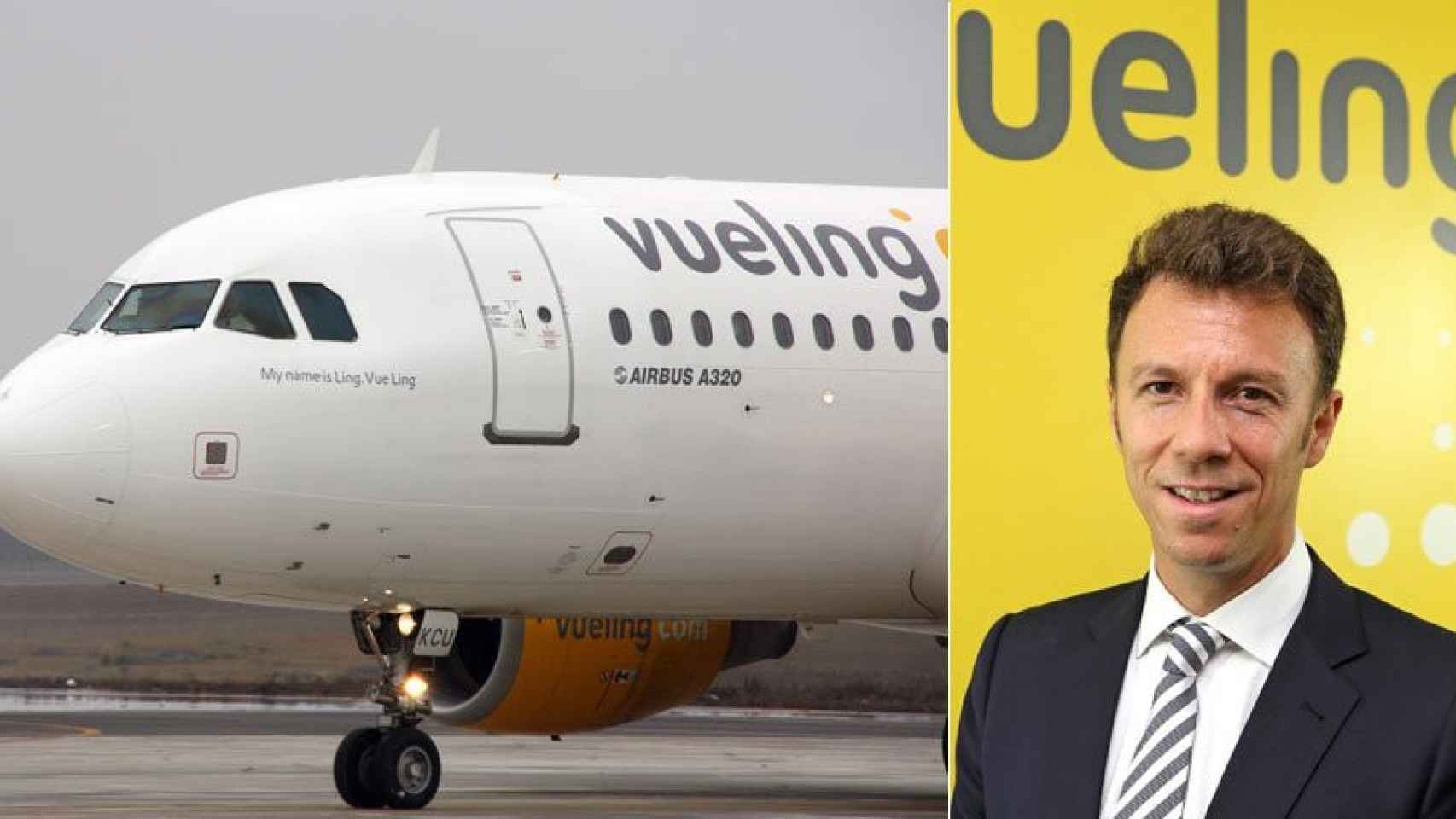 David García Blancas, director comercial de Vueling, y una aeronave de la aerolínea.