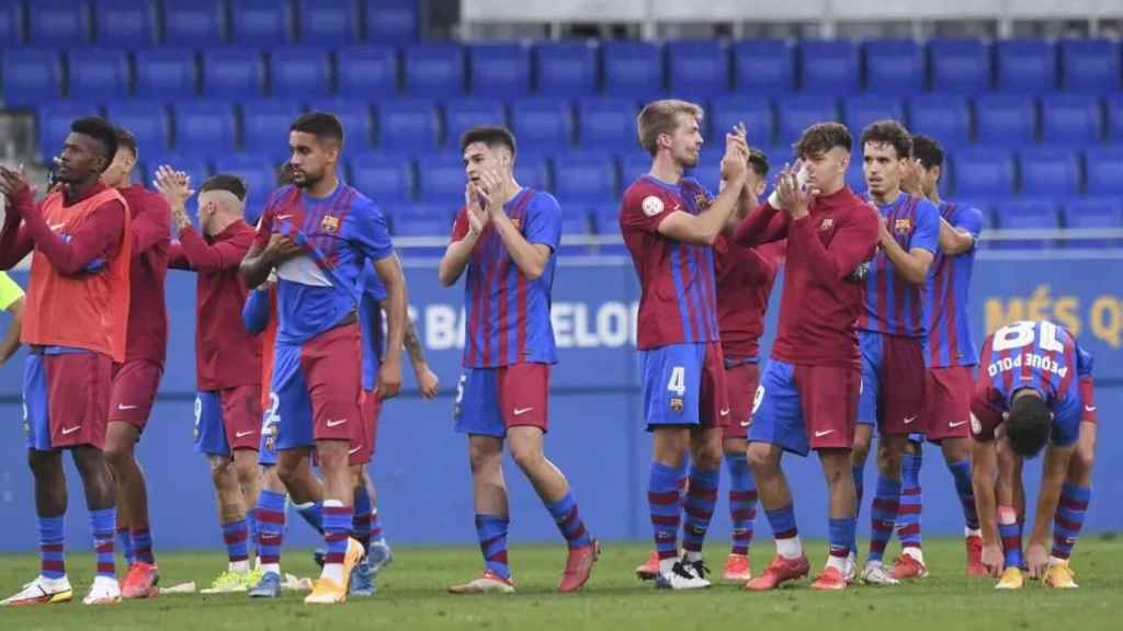 El Barça B celebrando un triunfo en la Primera RFEF / FCB