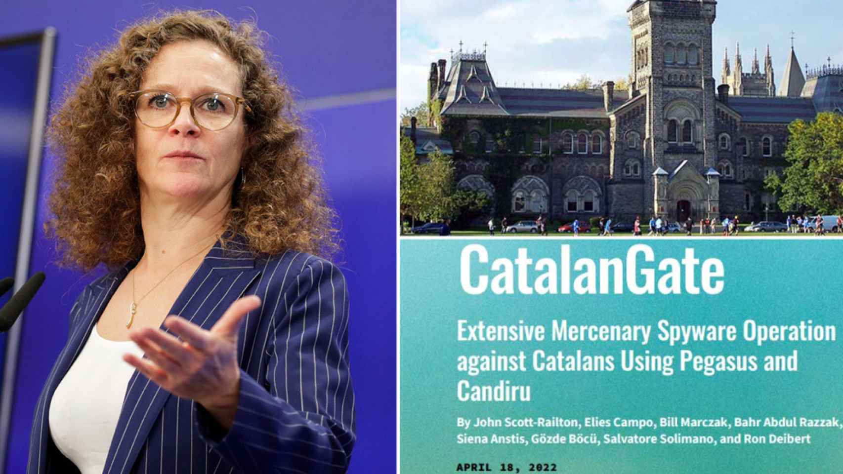 A la izquierda, la eurodiputada holandesa Sophie In't Veld, autora del borrador del informe; a la derecha, imagen de la Universidad de Toronto y del 'Catalangate' de Citizenlab / EFE - FOTOMONTAJE CG