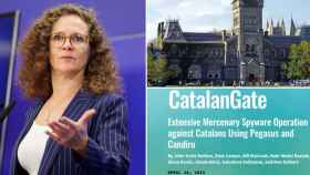 A la izquierda, la eurodiputada holandesa Sophie In't Veld, autora del borrador del informe; a la derecha, imagen de la Universidad de Toronto y del 'Catalangate' de Citizenlab / EFE - FOTOMONTAJE CG