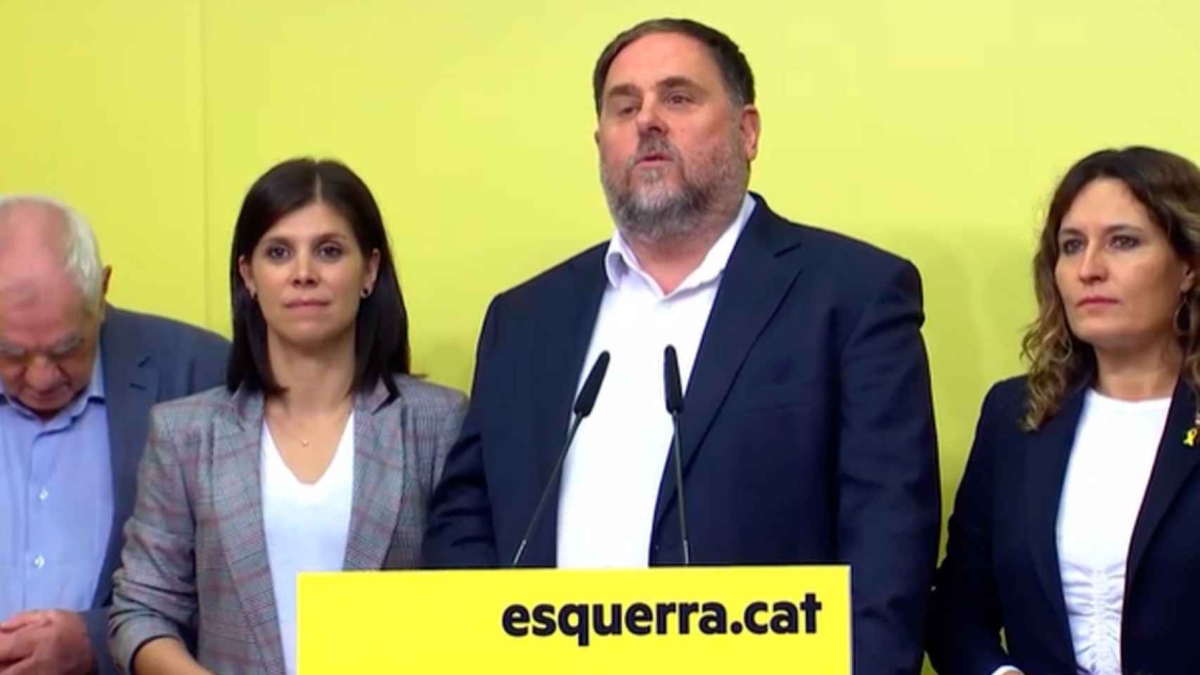 De izquierda a derecha, los dirigentes de ERC Ernest Maragall, Marta Vilalta, Oriol Junqueras y Laura Vilagrà este sábado